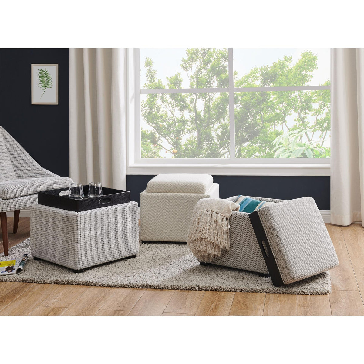 Modern Fabric Storage Footstool Ottoman with Serving Tray