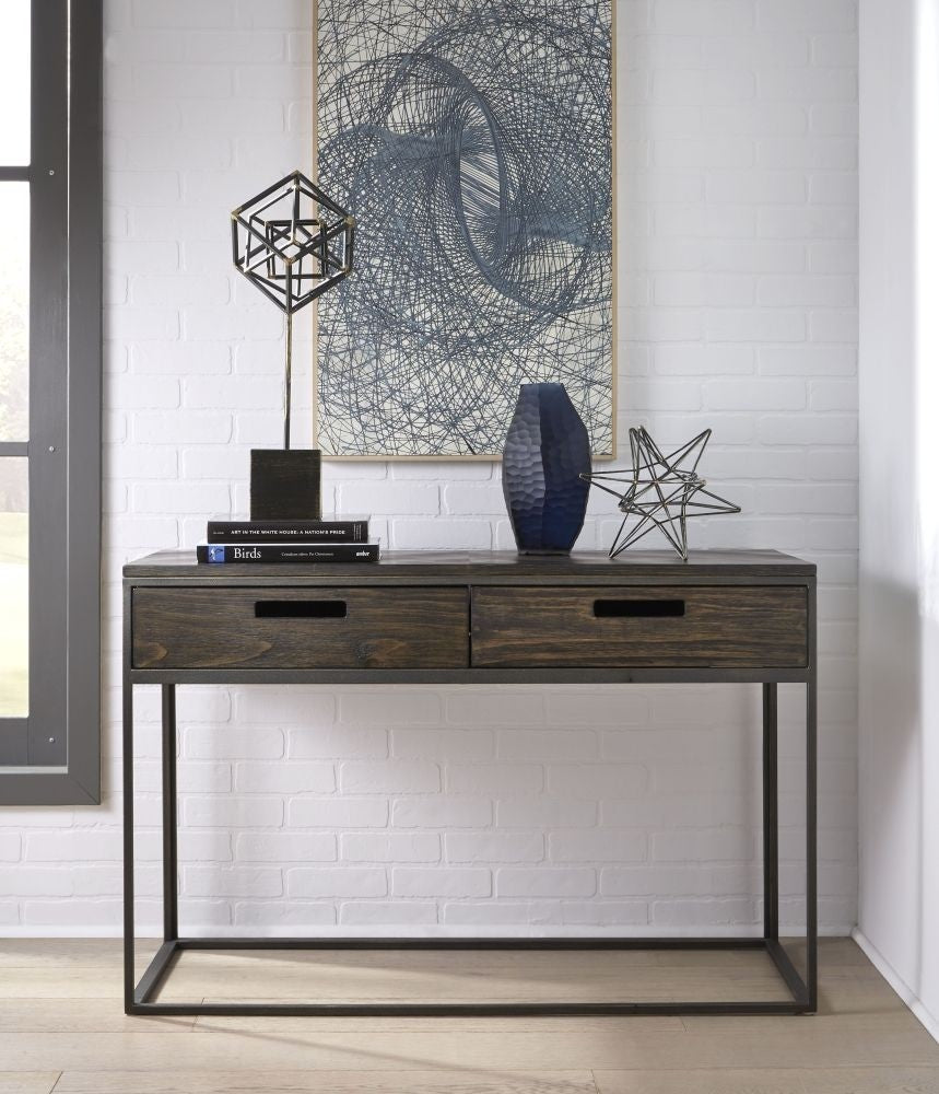 Dark Ash Wood Sofa Console Table with Storage Drawers