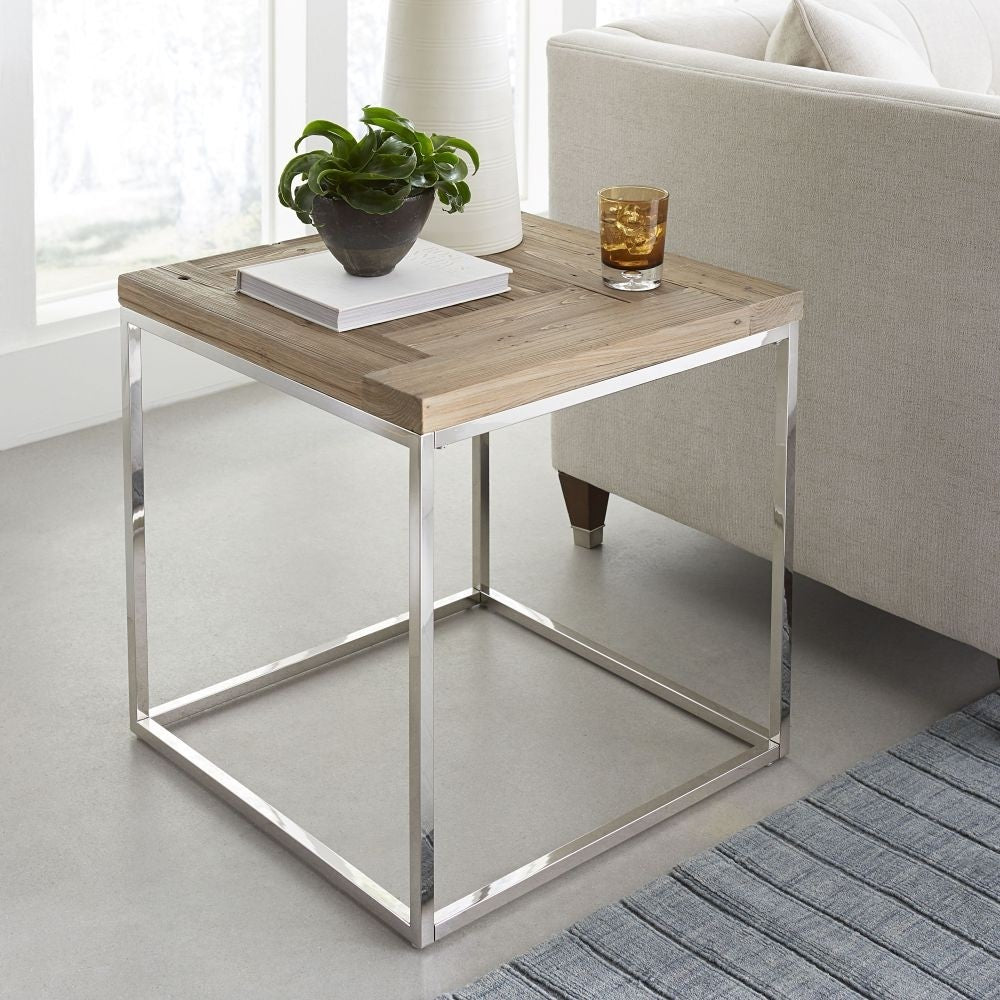 Rustic Wood Top Square Side Table with Polished Chrome Frame