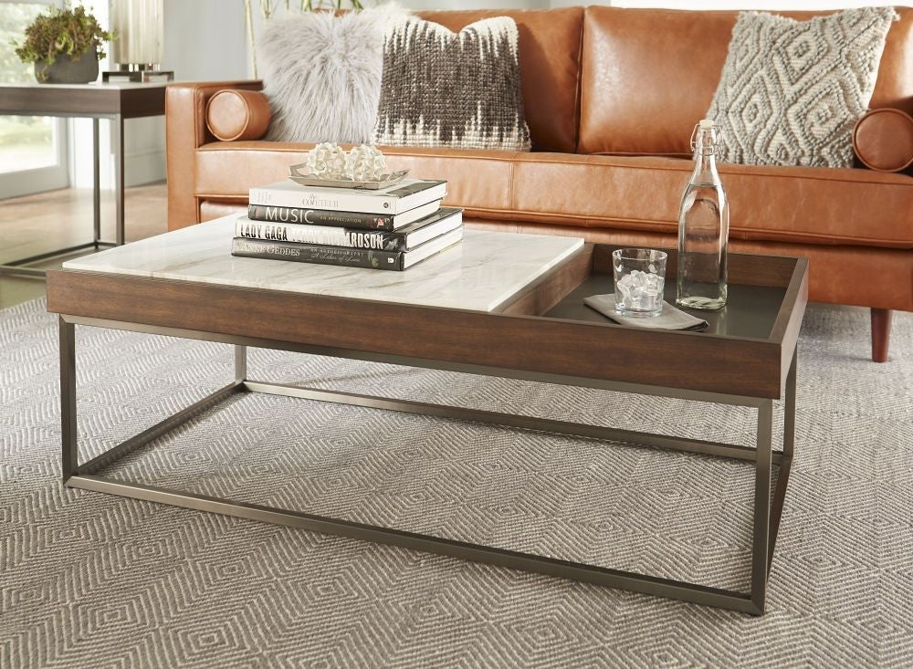 White Marble & Dark Wood Rectangular Center Table for Living Room