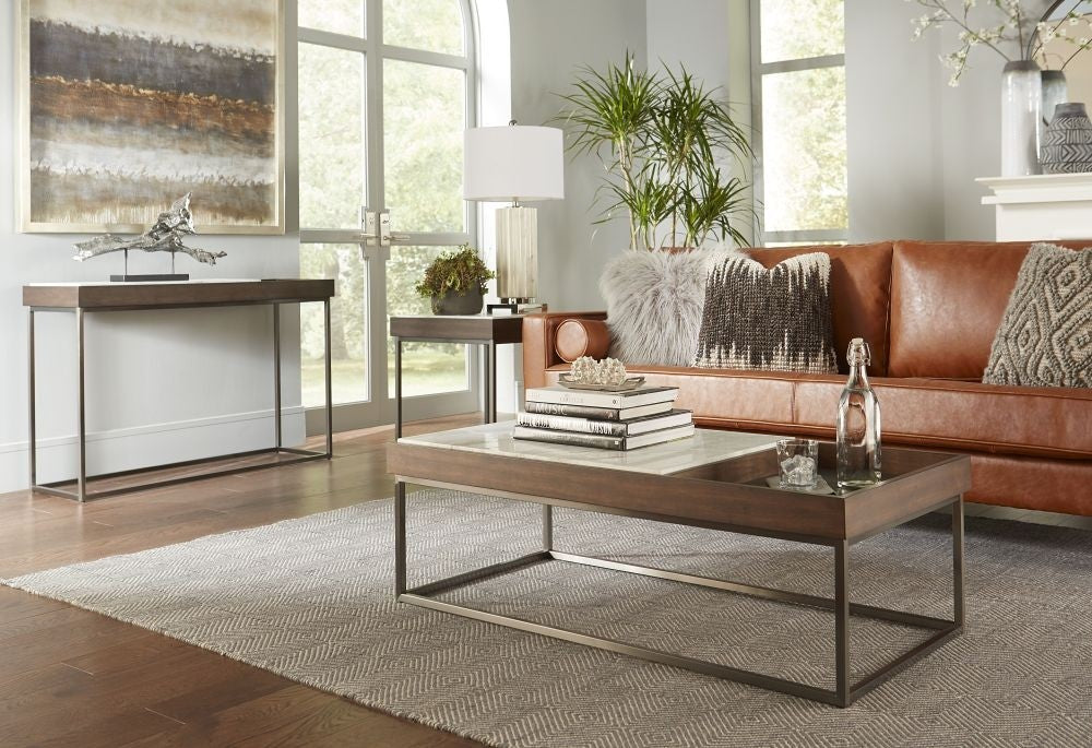 White Marble & Dark Wood Rectangular Center Table for Living Room