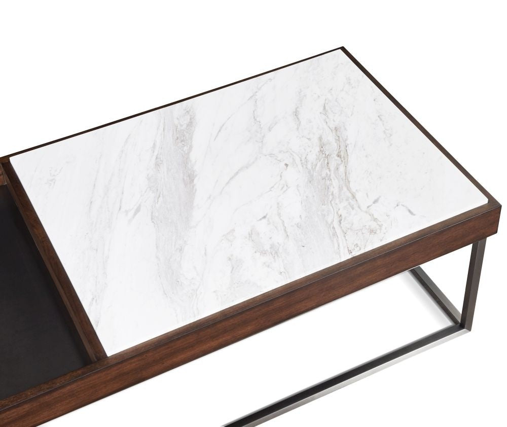 White Marble & Dark Wood Rectangular Center Table for Living Room