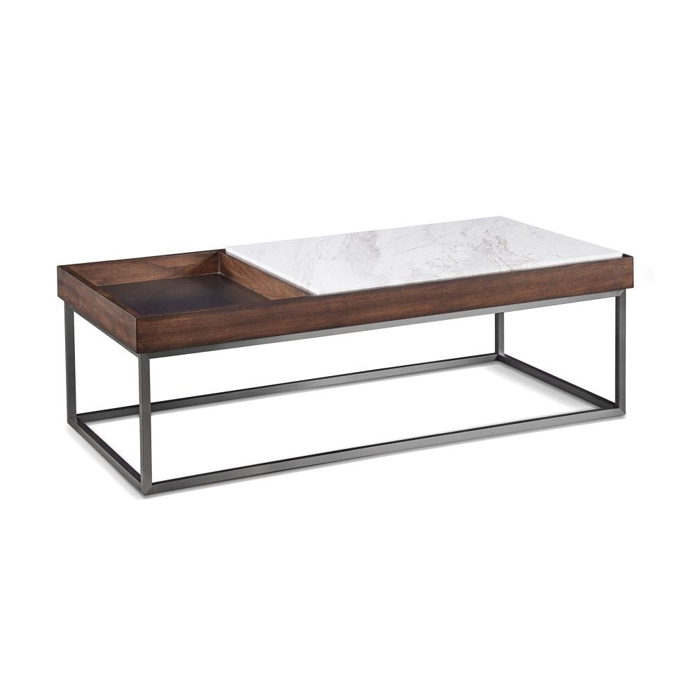 White Marble & Dark Wood Rectangular Center Table for Living Room