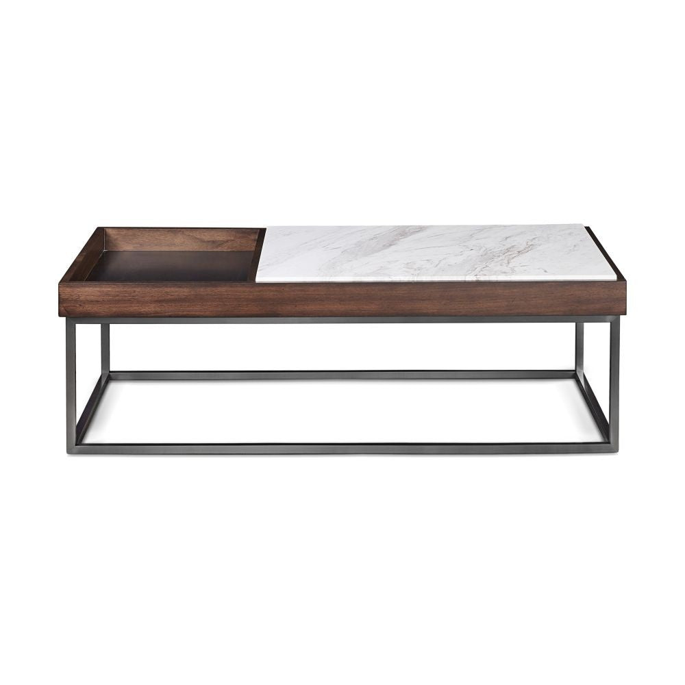 White Marble & Dark Wood Rectangular Center Table for Living Room
