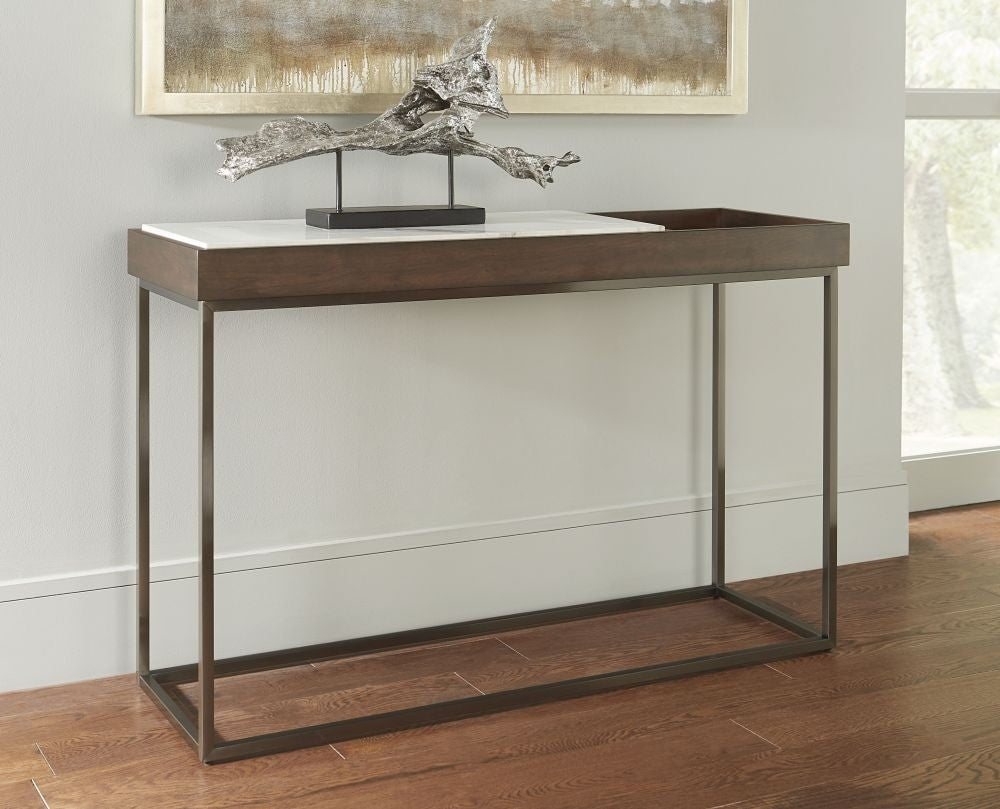 White Marble & Dark Wood Narrow Accent Table for Hallway & Living Room