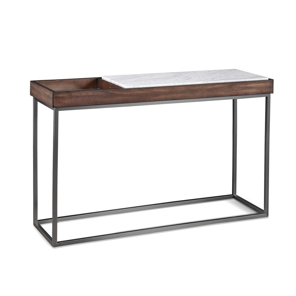 White Marble & Dark Wood Narrow Accent Table for Hallway & Living Room