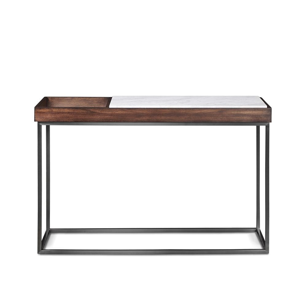 White Marble & Dark Wood Narrow Accent Table for Hallway & Living Room